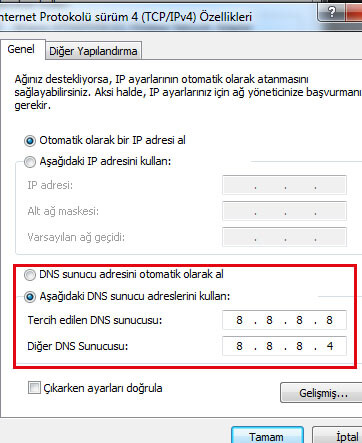 DNS ayarları örneği