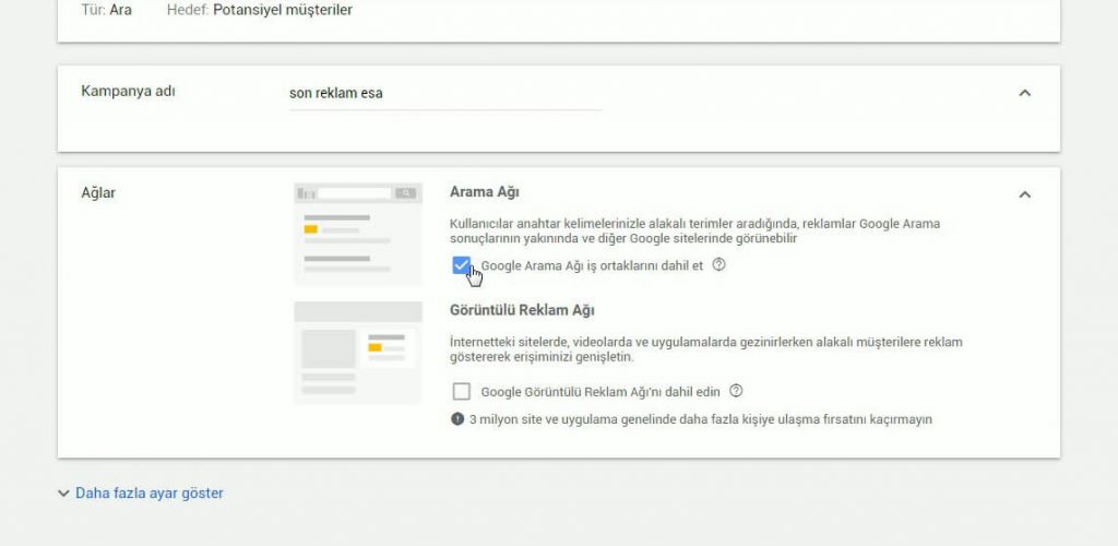 Google ADS ağ seçeneği